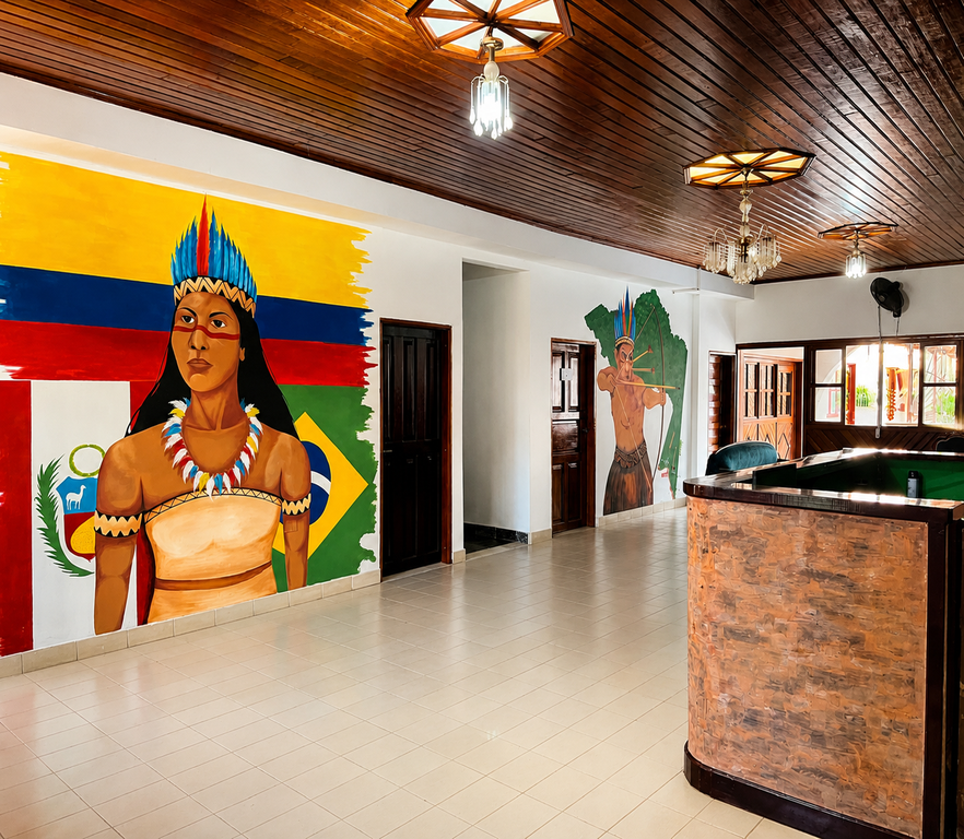 Mural en El Jaguar Casa Hotel con figura indígena y banderas de Colombia, Perú y Brasil