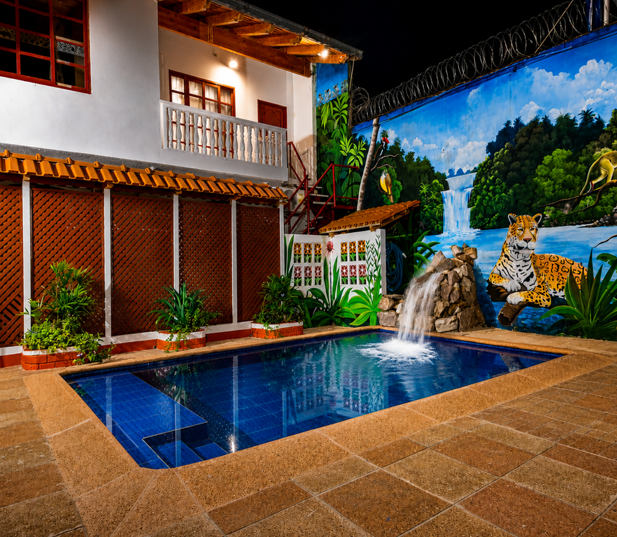 Piscina con cascada iluminada de noche y mural de selva con jaguar