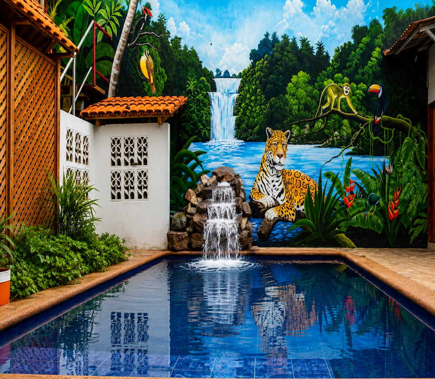 Piscina de El Jaguar Casa Hotel con cascada y mural de selva con jaguar