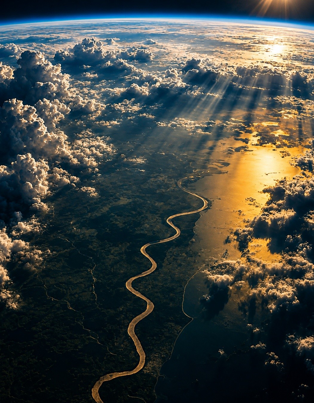 Vista aérea del río Amazonas serpenteando a través de la selva tropical bajo una luz dorada al atardecer