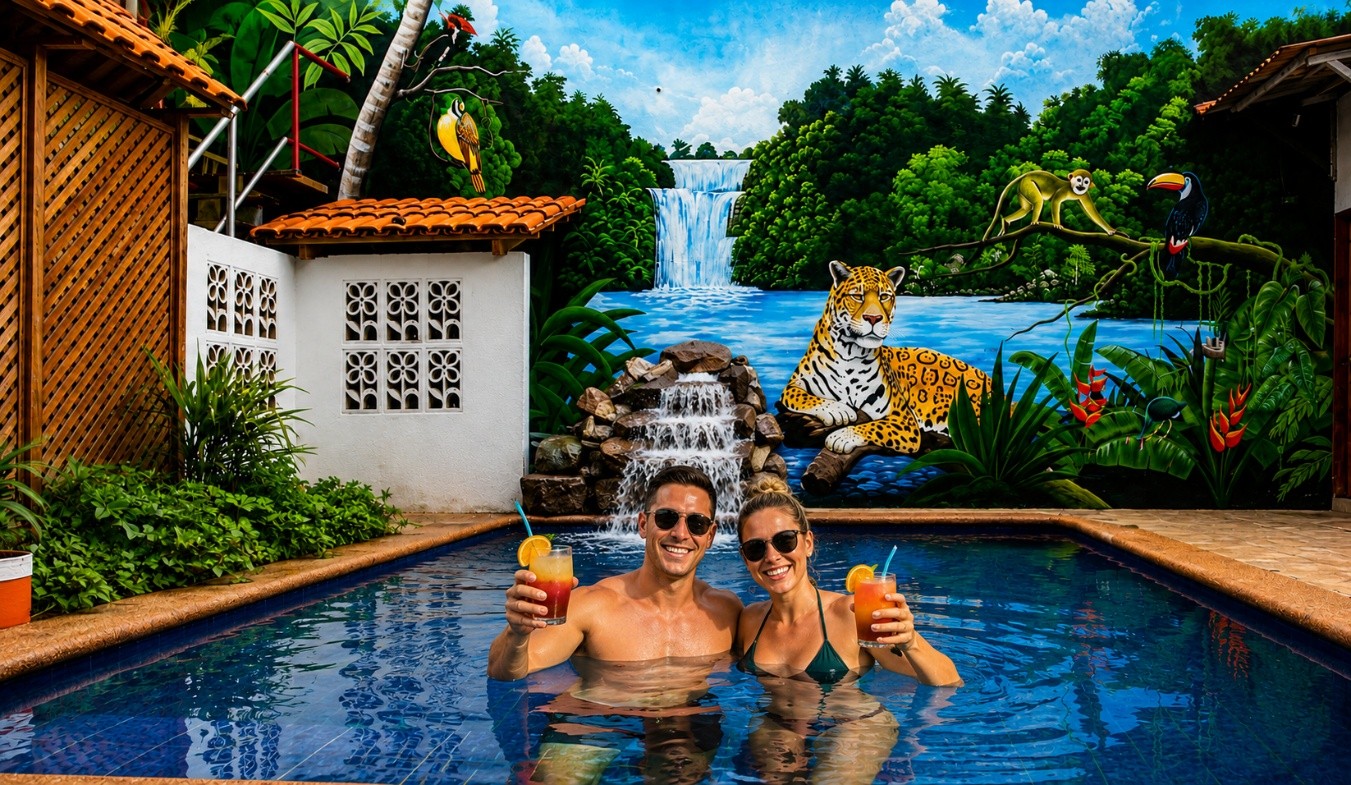 Pareja disfrutando de bebidas en la piscina de El Jaguar Casa Hotel frente al mural amazónico