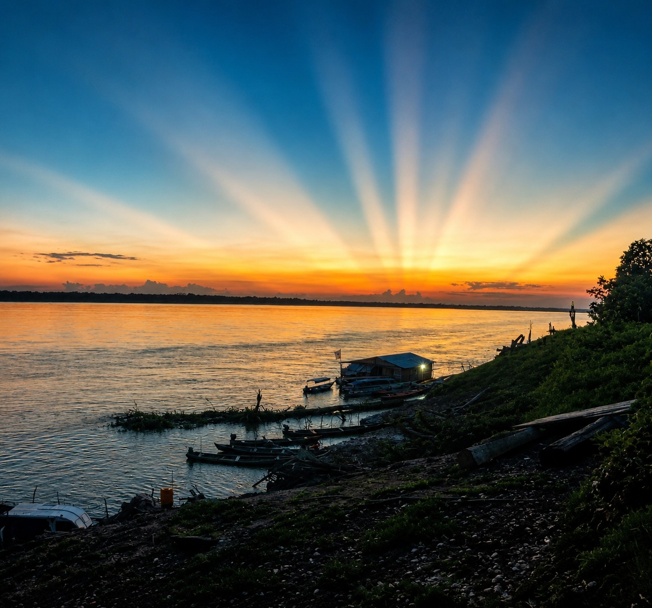 Río Amazonas al atardecer con botes de madera atracados en la orilla y rayos de luz sobre el agua