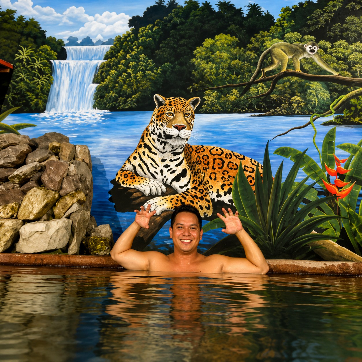 Huésped en la piscina de El Jaguar Casa Hotel frente al mural del jaguar y la cascada amazónica