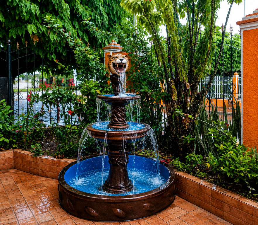 Fuente de tres pisos con cabeza de jaguar en el patio de El Jaguar Casa Hotel